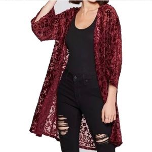 Burgundy burnout velvet kimono duster NWOT - Small